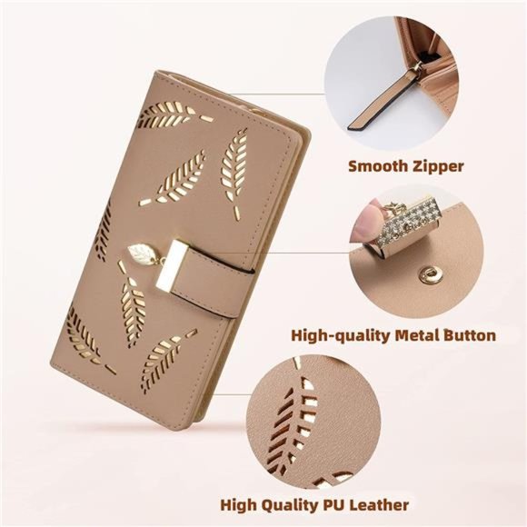 Women's Long Leaf Bifold Wallet Leather Card Holder Purse Zipper Buckle Clutch - Picture 6 of 6